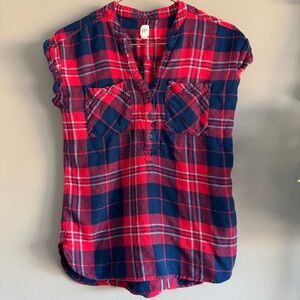Gap Women’s Red and Blue Plaid Button Up Flannel Blouse, XS